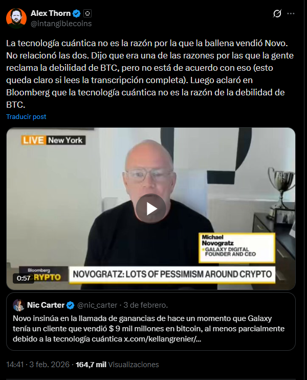 Tuit de Alex Thorn de Galaxy Digital desmintiendo el temor cuántico.