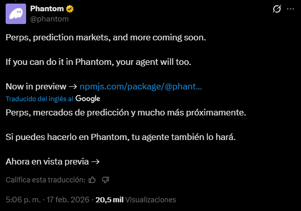Tuit de la cuenta de Phantom anunciado la llegada de mercados de futuros y predictivos a la wallet.