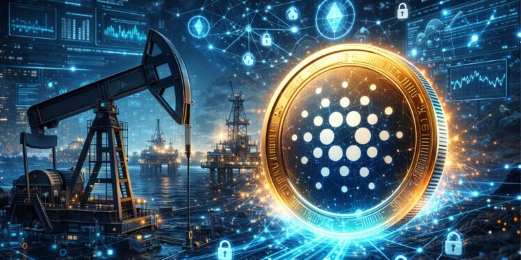 Una moneda de Cardano en un centro de extracción de petróleo.