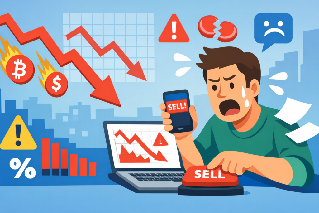 Persona estresada vendiendo criptomonedas mientras los gráficos caen.