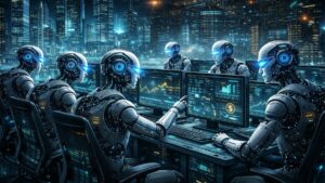 Robots de IA operando con computadoras operaciones de trading.