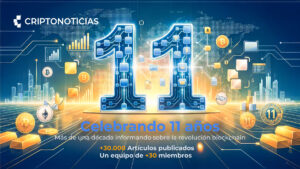CriptoNoticias celebra su 11 Aniversario, un 11 grande en el centro, formado por nodos, monedas de criptomonedas, datos y conexiones