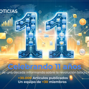 CriptoNoticias celebra su 11 Aniversario, un 11 grande en el centro, formado por nodos, monedas de criptomonedas, datos y conexiones