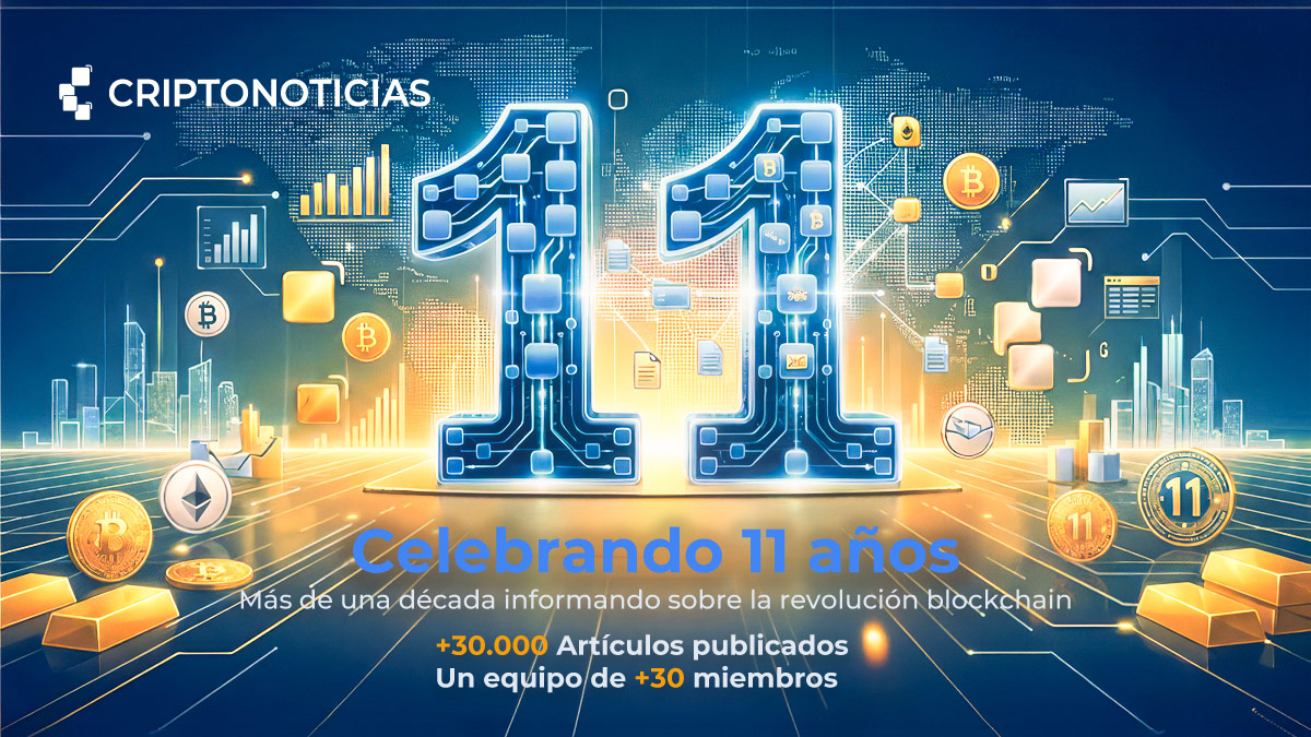 CriptoNoticias celebra su 11 Aniversario, un 11 grande en el centro, formado por nodos, monedas de criptomonedas, datos y conexiones
