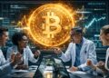 Investigadores discutiendo sobre Bitcoin.