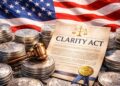 La bandera de EEUU junto a un documento de la Ley Clarity y monedas de plata.