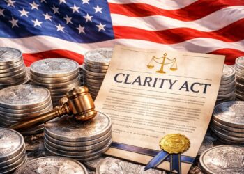 La bandera de EEUU junto a un documento de la Ley Clarity y monedas de plata.