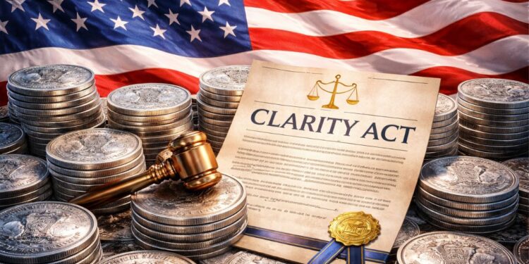 La bandera de EEUU junto a un documento de la Ley Clarity y monedas de plata.