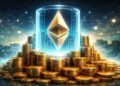 Una moneda de Ethereum rodeada de monedas de oro.