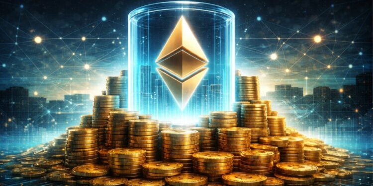 Una moneda de Ethereum rodeada de monedas de oro.