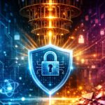 Una computadora cuántica junto a un candado tecnologico.