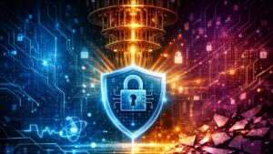 Una computadora cuántica junto a un candado tecnologico.