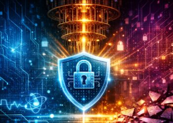 Una computadora cuántica junto a un candado tecnologico.