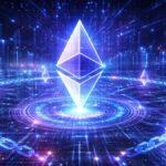 Una moneda de Ethereum rodeada de una cadena en un entorno tecnológico.