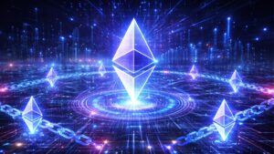 Una moneda de Ethereum rodeada de una cadena en un entorno tecnológico.