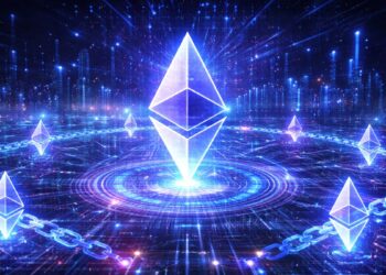 Una moneda de Ethereum rodeada de una cadena en un entorno tecnológico.