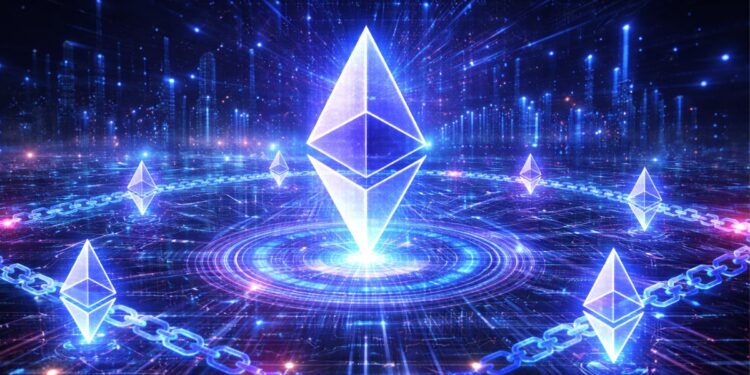 Una moneda de Ethereum rodeada de una cadena en un entorno tecnológico.