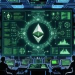 Una pantalla gigante con gráficos y símbolos financieros vinculados a Ethereum.