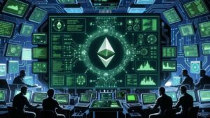 Una pantalla gigante con grรกficos y sรญmbolos financieros vinculados a Ethereum.