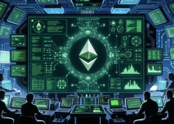 Una pantalla gigante con gráficos y símbolos financieros vinculados a Ethereum.