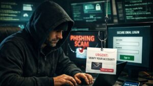 Un hacker operando con computadoras tecnicas de phishing.