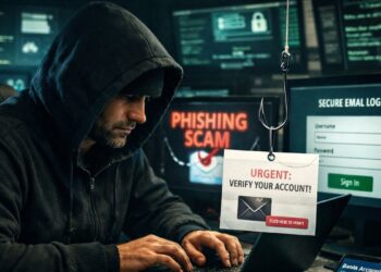 Un hacker operando con computadoras tecnicas de phishing.