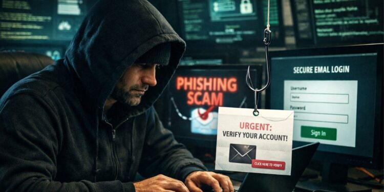 Un hacker operando con computadoras tecnicas de phishing.