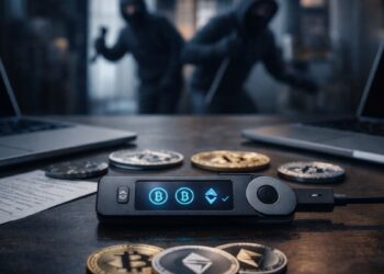 Ladrones entrando a una habitación y robando una hardware wallet de cripomonedas.