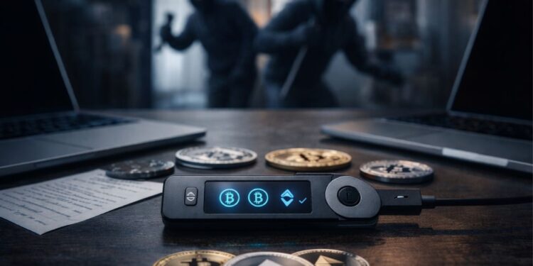 Ladrones entrando a una habitación y robando una hardware wallet de cripomonedas.