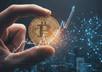 una moneda de bitcoin sostenida entre el dedo índice y pulgar de una mano y de fondo una ciudad con múltiples nodos de bitcoin.