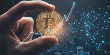 una moneda de bitcoin sostenida entre el dedo índice y pulgar de una mano y de fondo una ciudad con múltiples nodos de bitcoin.