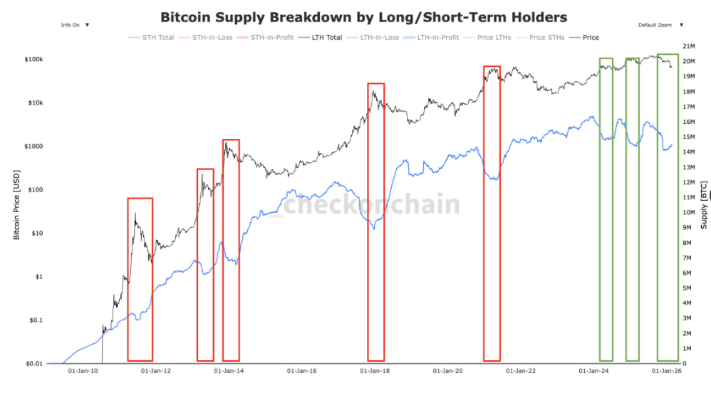 Grรกfico que muestra la estructura de la oferta de bitcoin, dividicยฟda entre holders de corto y largo plazo