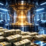 Un centro de computaciรณn cuรกntica con fajos de billetes de dรณlar.