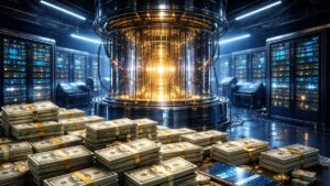 Un centro de computación cuántica con fajos de billetes de dólar.