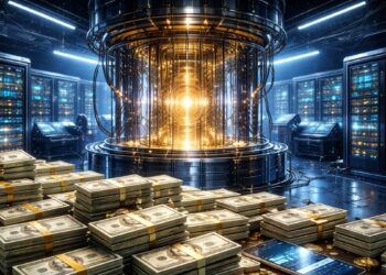 Un centro de computación cuántica con fajos de billetes de dólar.