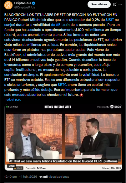 Un tuit de un video Mitchnick, jefe de acivos digitales de BlackRock explicando su creencia de donde surge la volatilidad de bitcoin en los eventos recientes.