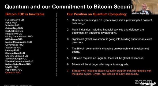 Captura de pantalla del video expresado por Michael Saylor referido a Bitcoin y a la computación cuántica.