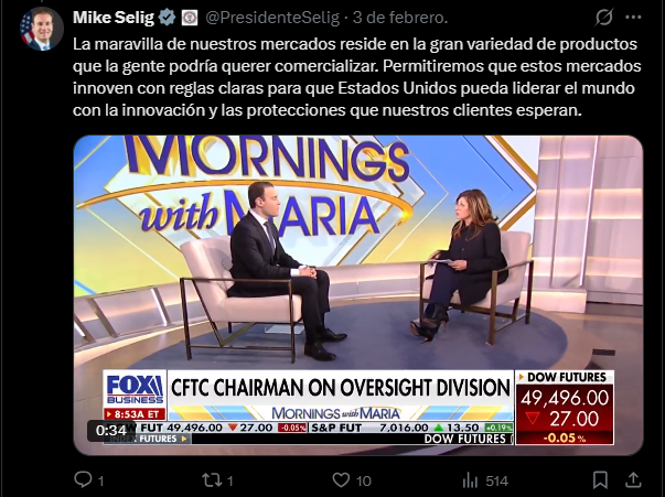 Un tuit de Michael Selig en el que se le observa durante una entrevista en la que habla sobre la necesidad de reglas claras para el mejor funcionamiento de la CFTC.