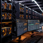 En el fondo racks de mineros ASIC, delante un hombre mirando 2 pantallas analizando pooles de minería