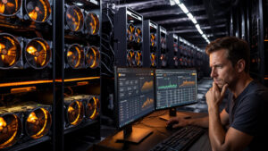 En el fondo racks de mineros ASIC, delante un hombre mirando 2 pantallas analizando pooles de minería