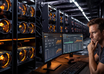 En el fondo racks de mineros ASIC, delante un hombre mirando 2 pantallas analizando pooles de minería