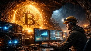 Una persona operando una computadora dentro de una cueva minera de Bitcoin.