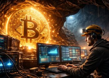 Una persona operando una computadora dentro de una cueva minera de Bitcoin.