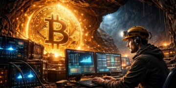 Una persona operando una computadora dentro de una cueva minera de Bitcoin.