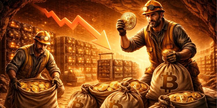 Mineros de Bitcoin juntando monedas en sacos dentro de una cueva.
