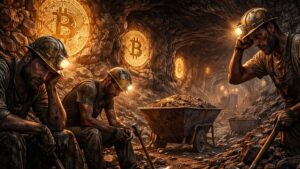 Mineros de Bitcoin trabajando en una cueva.