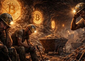 Mineros de Bitcoin trabajando en una cueva.