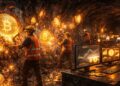Mineros de Bitcoin trabajando en una cueva.