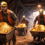 Mineros de Bitcoin moviendo monedas de BTC en carretillas dentro de una cueva.