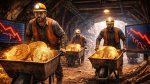 Mineros de Bitcoin moviendo monedas de BTC en carretillas dentro de una cueva.